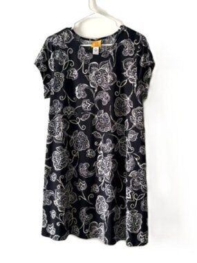 Ruby Rd. Black and White Floral Textured Swing Mini Dress with Cap Sleeves